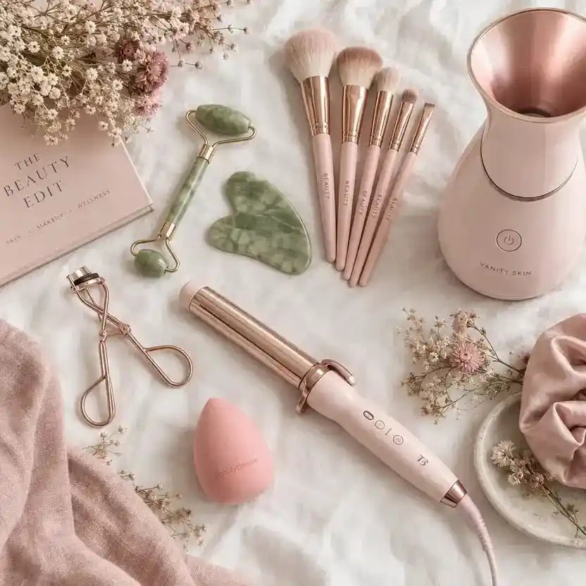 Curated beauty essentials including skincare, makeup, and hair care products styled on a soft blush background — SEEMS Lifestyle
