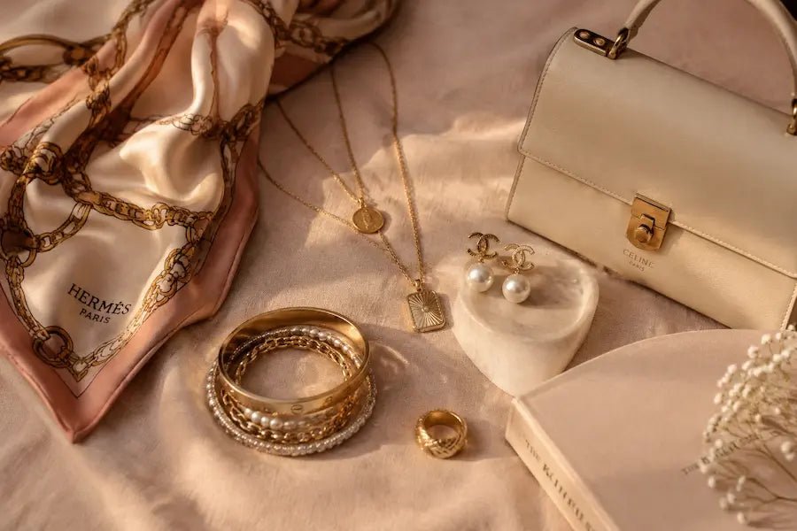 Elegant jewelry and accessories including rings, necklaces, and earrings styled on a soft blush background — SEEMS Lifestyle