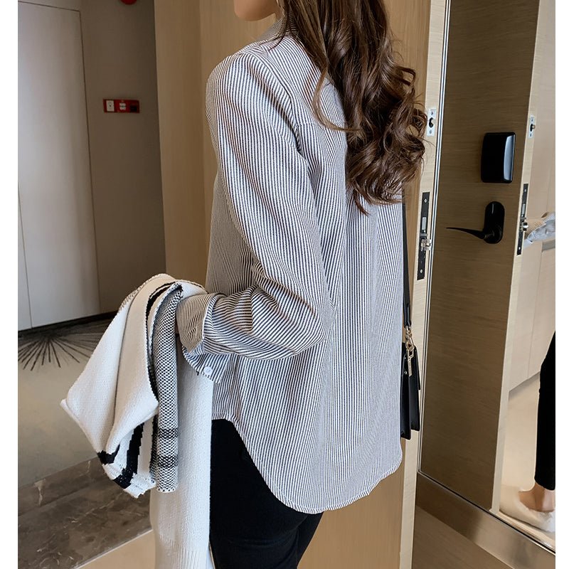 Bottoming Shirt Fashion Loose Long-Sleeved Vertical Striped Shirt - SEEMS Lifestyle