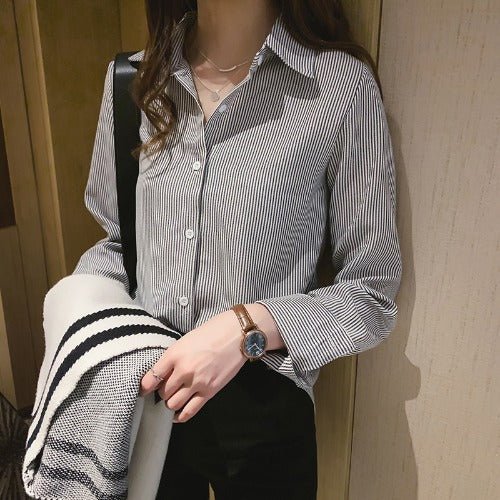 Bottoming Shirt Fashion Loose Long-Sleeved Vertical Striped Shirt - SEEMS Lifestyle