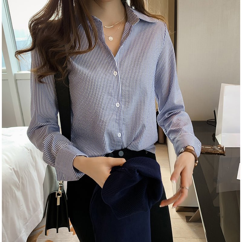 Bottoming Shirt Fashion Loose Long-Sleeved Vertical Striped Shirt - SEEMS Lifestyle