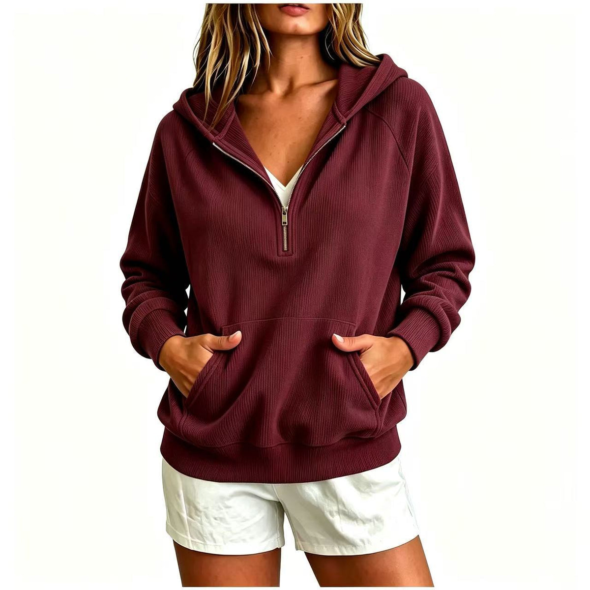 Corduroy Hooded Casual Sweatshirt Loose-fit Zip-up Pullover - SEEMS Lifestyle