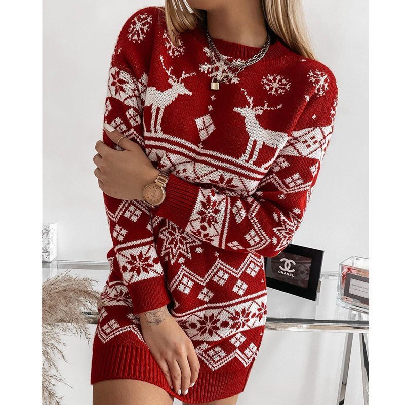Elk Snowflake Christmas Jacquard Knitted Dress Long Knitted Sweaters - SEEMS Lifestyle
