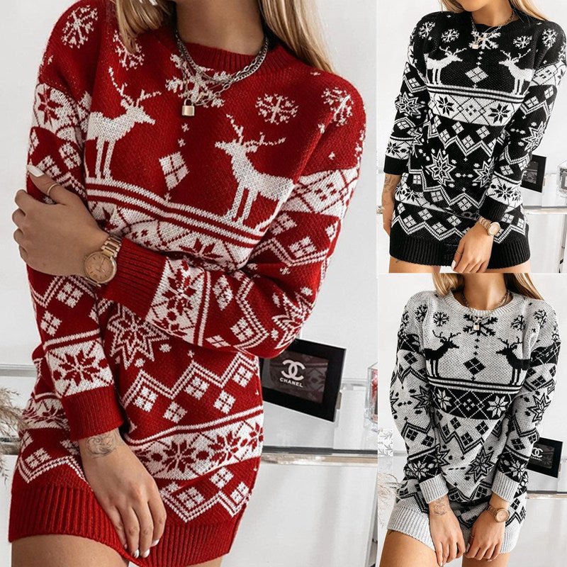Elk Snowflake Christmas Jacquard Knitted Dress Long Knitted Sweaters - SEEMS Lifestyle