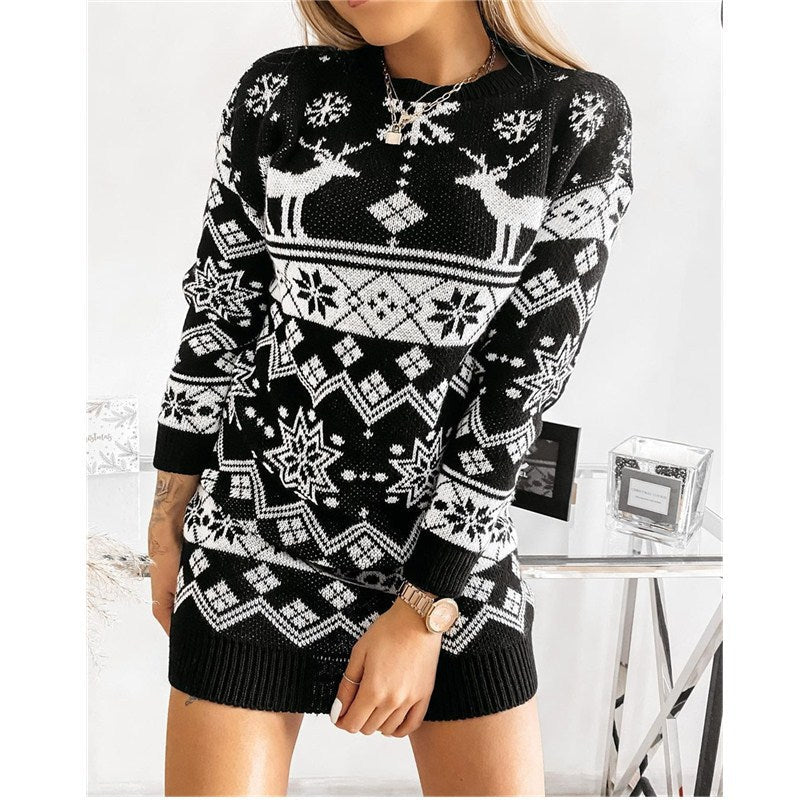 Elk Snowflake Christmas Jacquard Knitted Dress Long Knitted Sweaters - SEEMS Lifestyle