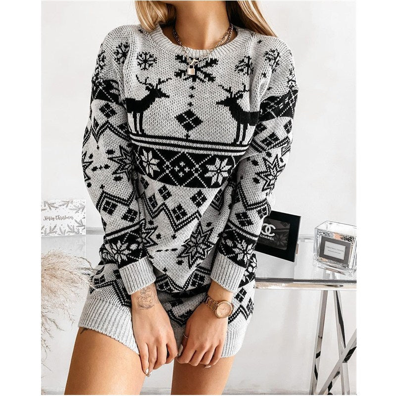 Elk Snowflake Christmas Jacquard Knitted Dress Long Knitted Sweaters - SEEMS Lifestyle