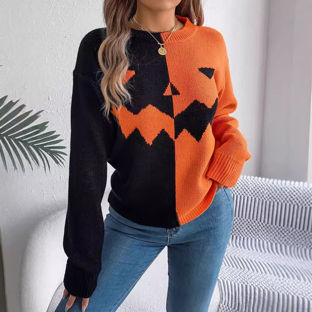 Halloween Contrast-color Pullover Sweater Fashion Long Sleeve Knitted Tops For Womens Clothing - SEEMS Lifestyle