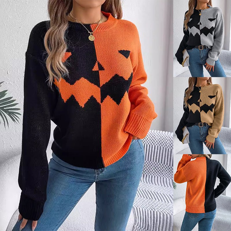 Halloween Contrast-color Pullover Sweater Fashion Long Sleeve Knitted Tops For Womens Clothing - SEEMS Lifestyle