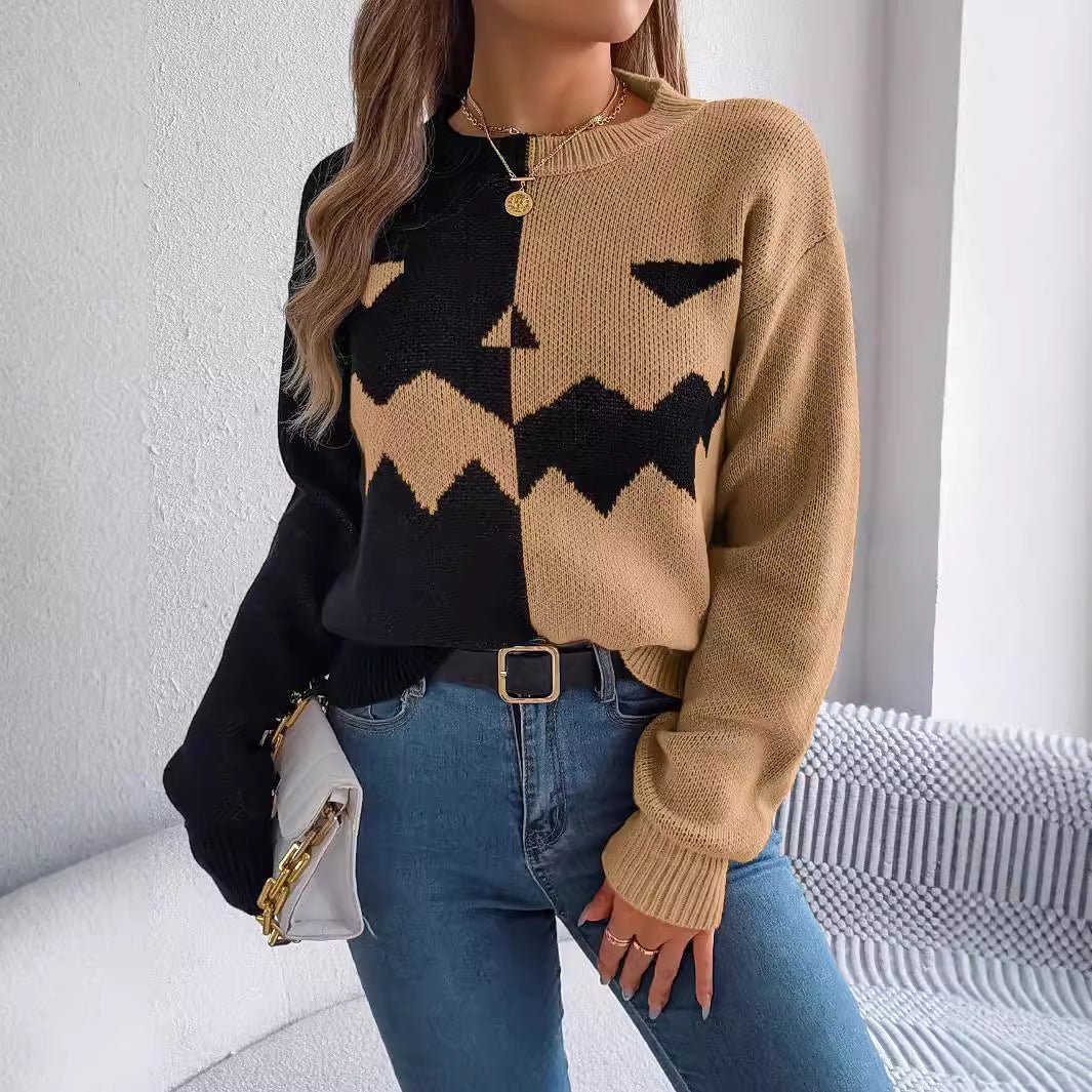 Halloween Contrast-color Pullover Sweater Fashion Long Sleeve Knitted Tops For Womens Clothing - SEEMS Lifestyle