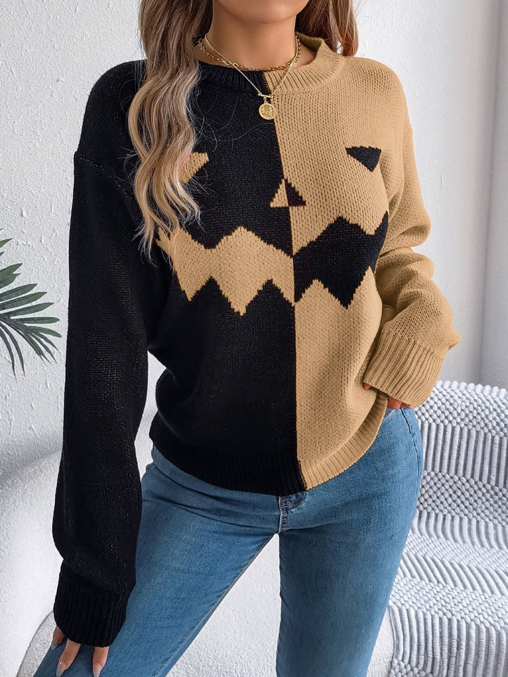 Halloween Contrast-color Pullover Sweater Fashion Long Sleeve Knitted Tops For Womens Clothing - SEEMS Lifestyle