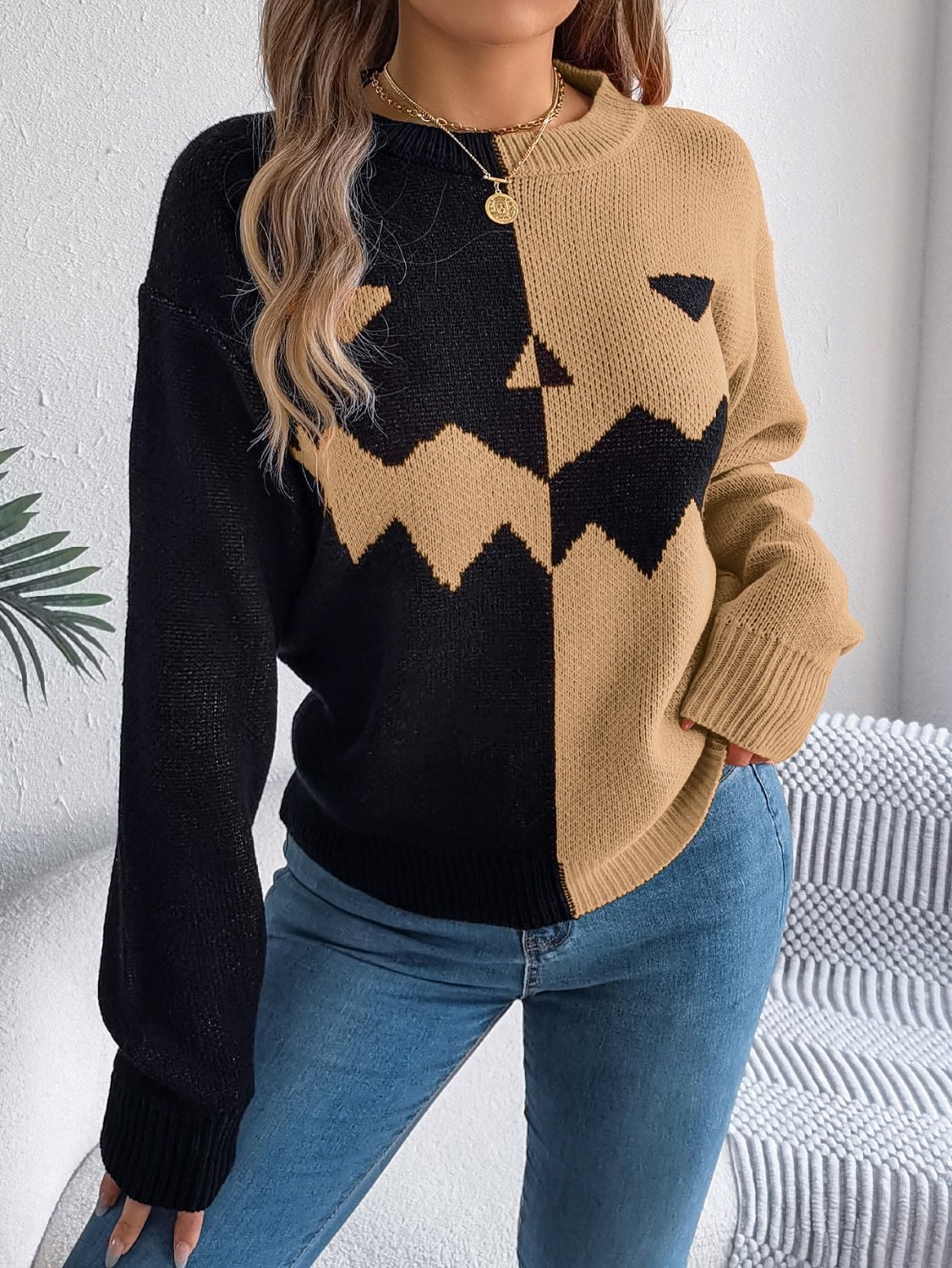 Halloween Contrast-color Pullover Sweater Fashion Long Sleeve Knitted Tops For Womens Clothing - SEEMS Lifestyle