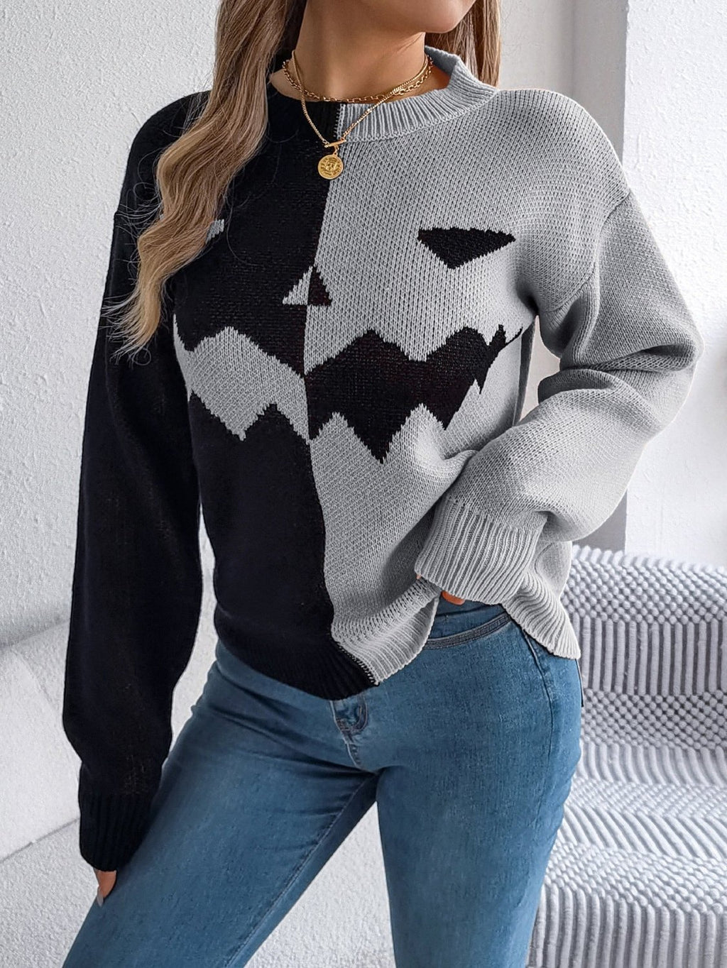 Halloween Contrast-color Pullover Sweater Fashion Long Sleeve Knitted Tops For Womens Clothing - SEEMS Lifestyle