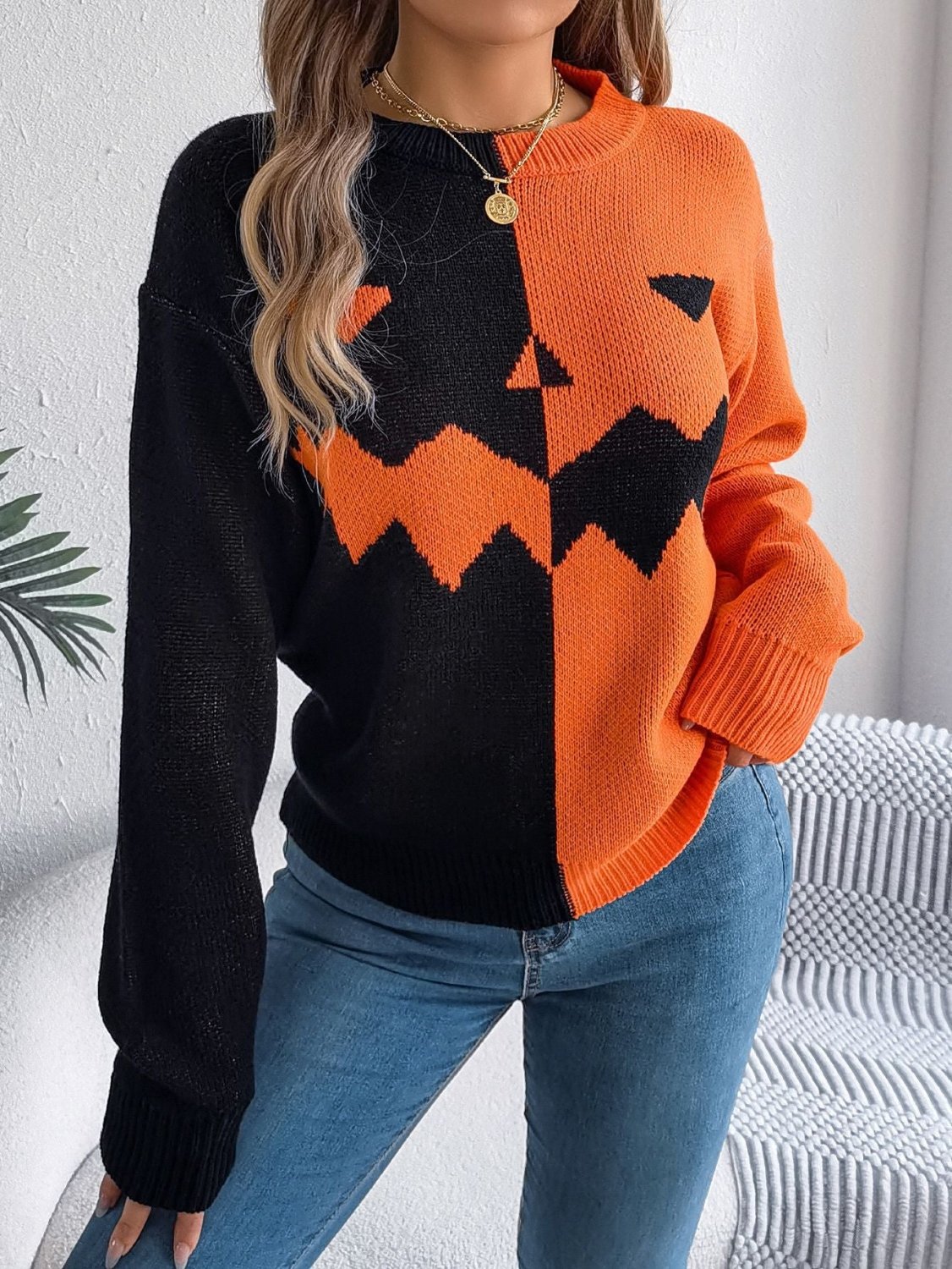Halloween Contrast-color Pullover Sweater Fashion Long Sleeve Knitted Tops For Womens Clothing - SEEMS Lifestyle