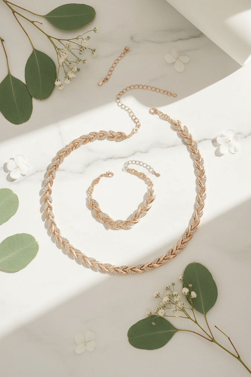 Glass Leaf Necklace & Bracelet Set lifestyle flat-lay with botanical elements on marble