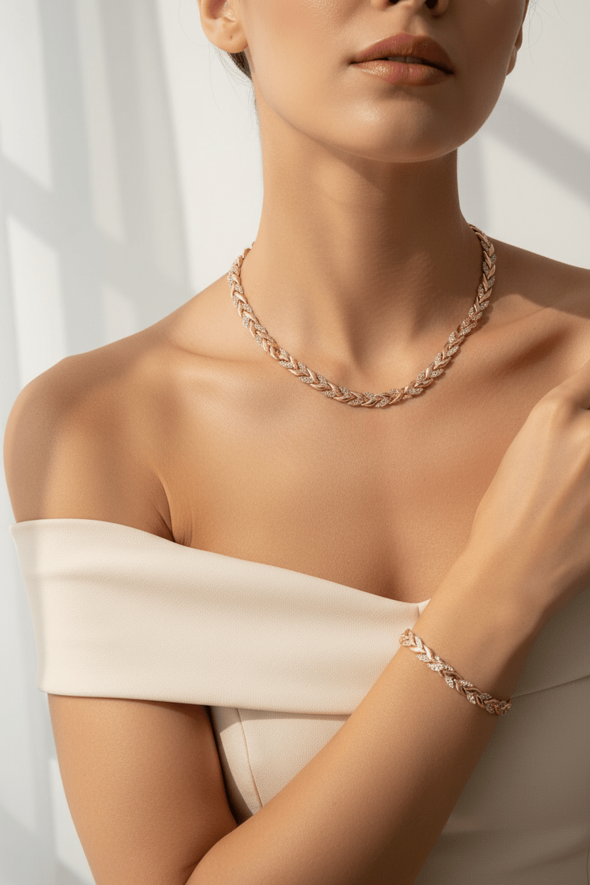 Glass Leaf Necklace & Bracelet Set on-model editorial lifestyle photo