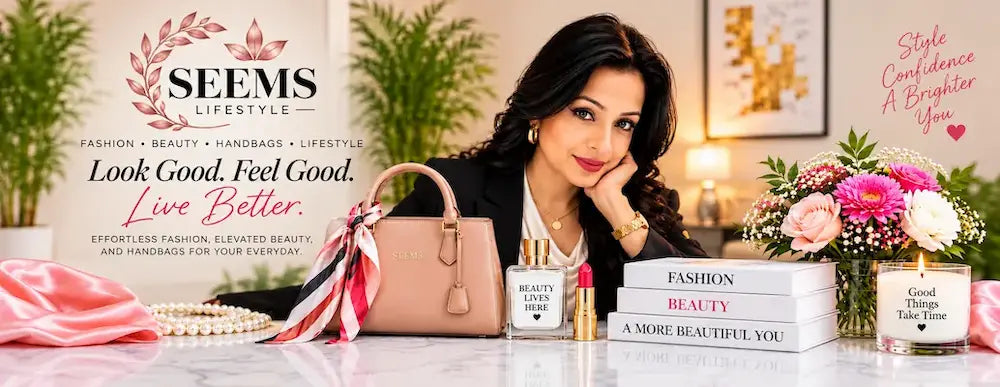 SEEMS Lifestyle — Look Good. Feel Good. Live Better. Woman in a black blazer with a pink handbag and beauty products.