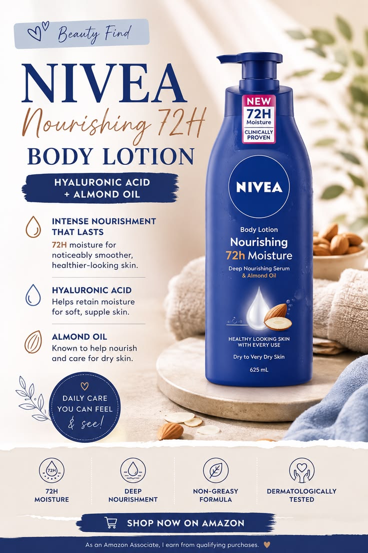 NIVEA Nourishing 72H Body Lotion, Hyaluronic Acid, Almond Oil