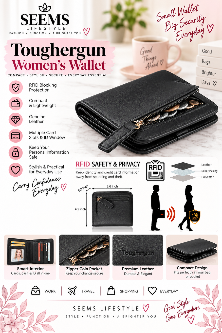 Toughergun Women’s RFID Blocking Genuine Leather Wallet