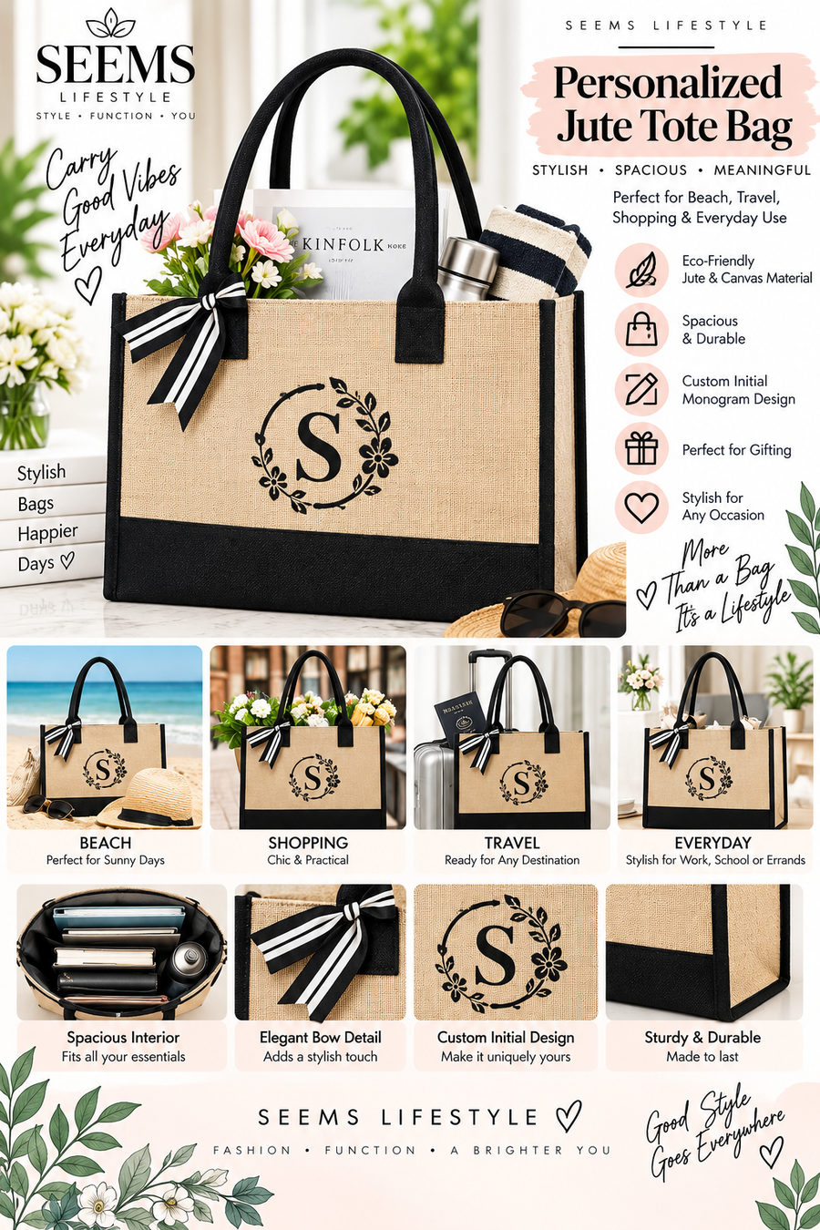 TOPDesign Personalized Initial Jute/Canvas Beach Bag