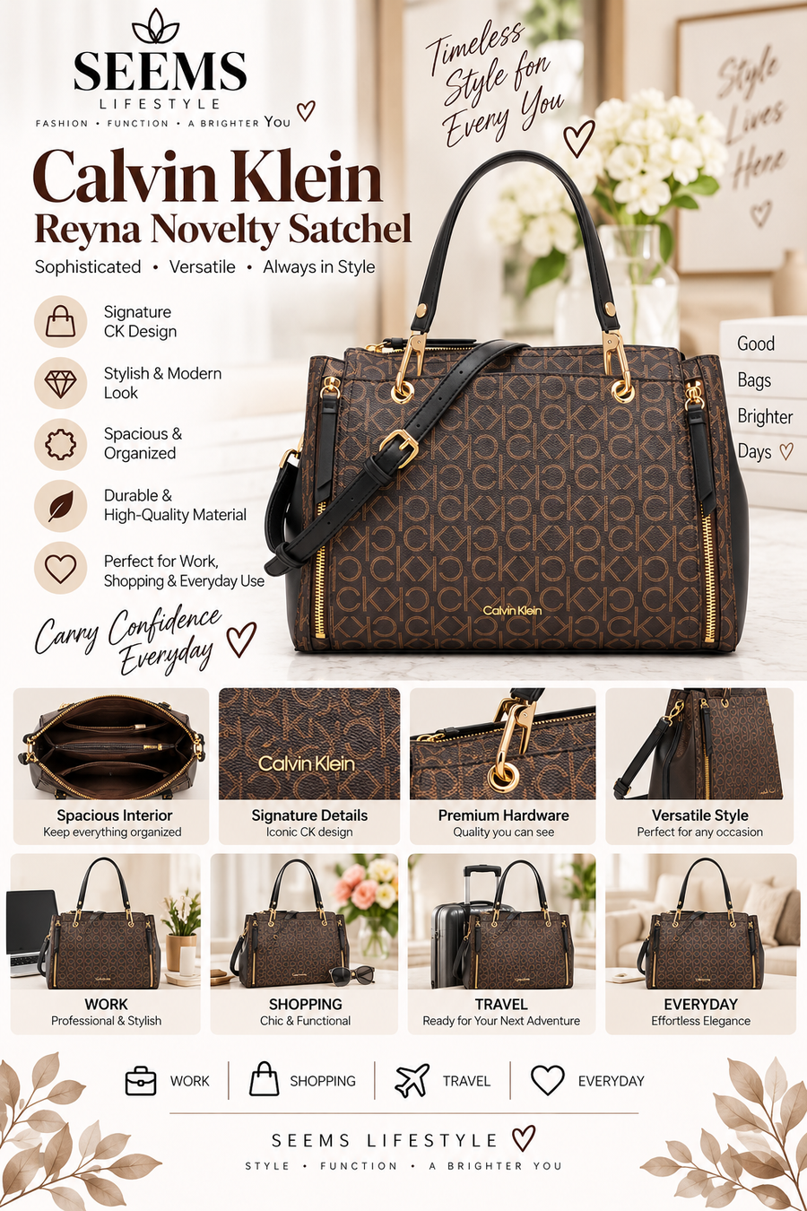 Calvin Klein Reyna Novelty Satchel – Caramel Combo