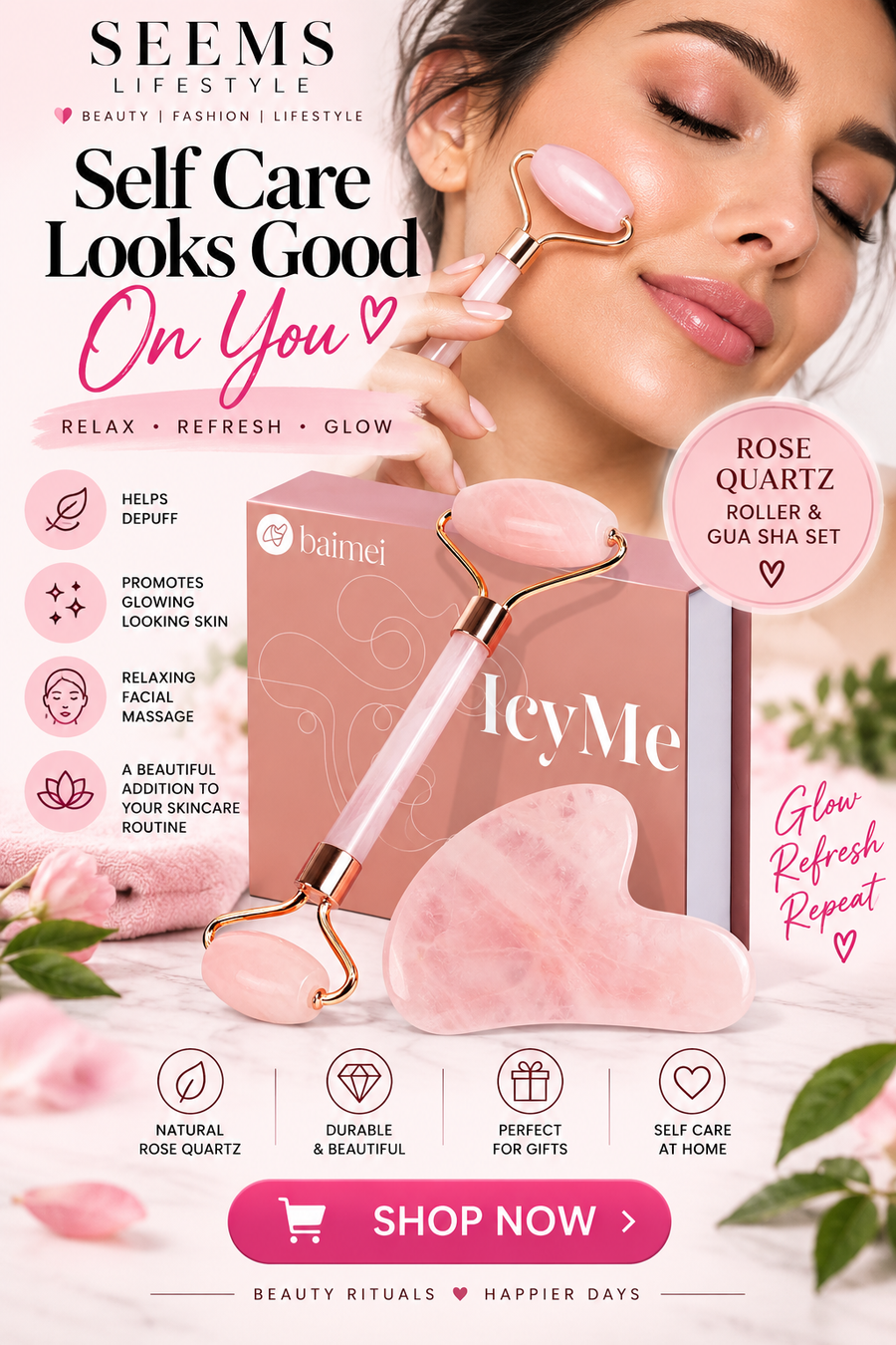 BAIMEI IcyMe Rose Quartz Roller & Gua Sha Facial Tool Set