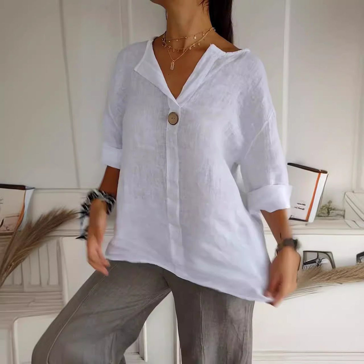 V-neck Long-sleeved T-shirt Fashion Loose Cotton And Linen Button Tops For Women - SEEMS Lifestyle
