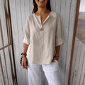 V-neck Long-sleeved T-shirt Fashion Loose Cotton And Linen Button Tops For Women - SEEMS Lifestyle