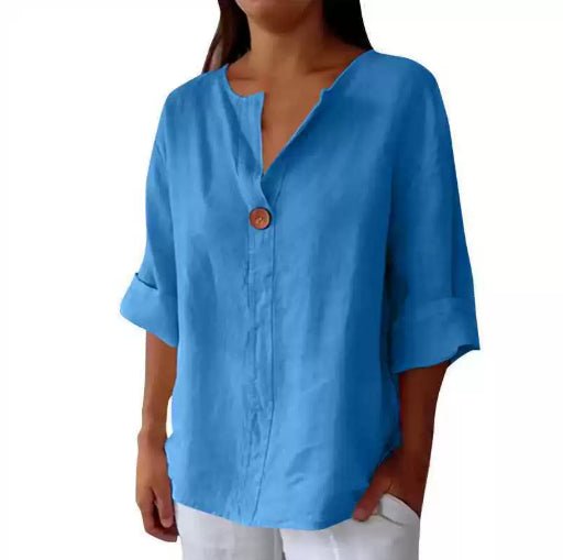 V-neck Long-sleeved T-shirt Fashion Loose Cotton And Linen Button Tops For Women - SEEMS Lifestyle
