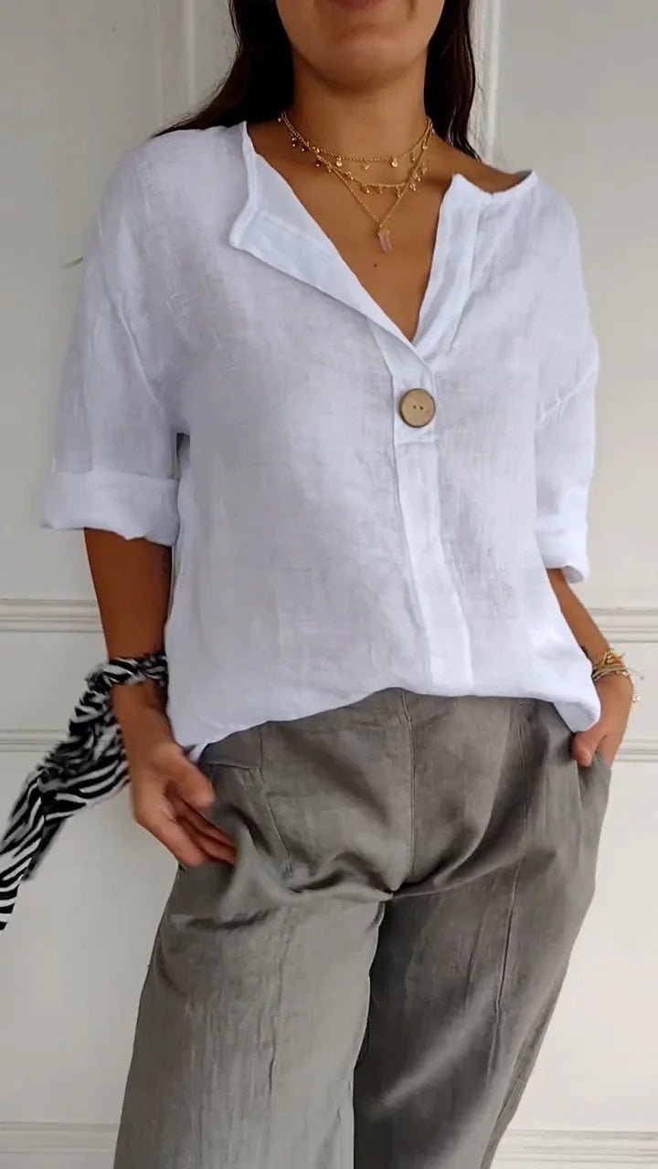 V-neck Long-sleeved T-shirt Fashion Loose Cotton And Linen Button Tops For Women - SEEMS Lifestyle