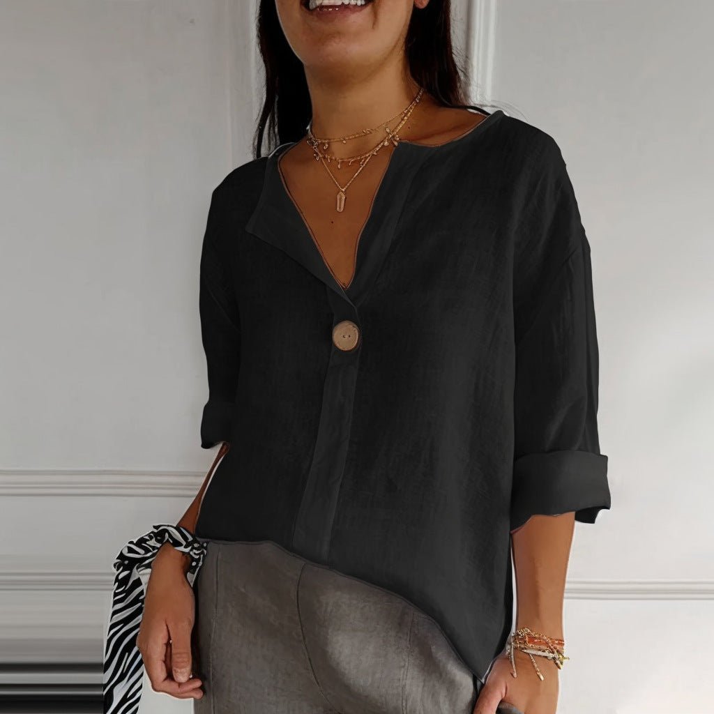 V-neck Long-sleeved T-shirt Fashion Loose Cotton And Linen Button Tops For Women - SEEMS Lifestyle