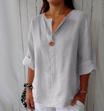 V-neck Long-sleeved T-shirt Fashion Loose Cotton And Linen Button Tops For Women - SEEMS Lifestyle