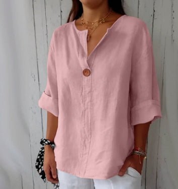 V-neck Long-sleeved T-shirt Fashion Loose Cotton And Linen Button Tops For Women - SEEMS Lifestyle
