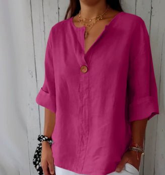 V-neck Long-sleeved T-shirt Fashion Loose Cotton And Linen Button Tops For Women - SEEMS Lifestyle