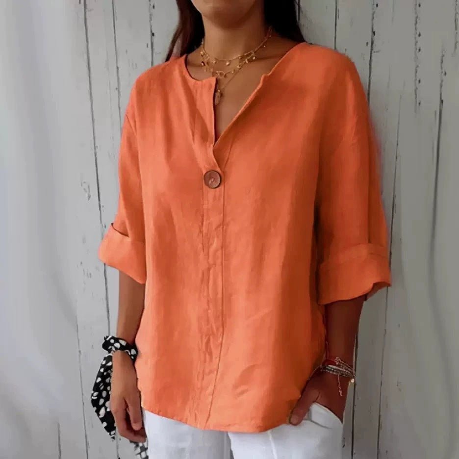 V-neck Long-sleeved T-shirt Fashion Loose Cotton And Linen Button Tops For Women - SEEMS Lifestyle