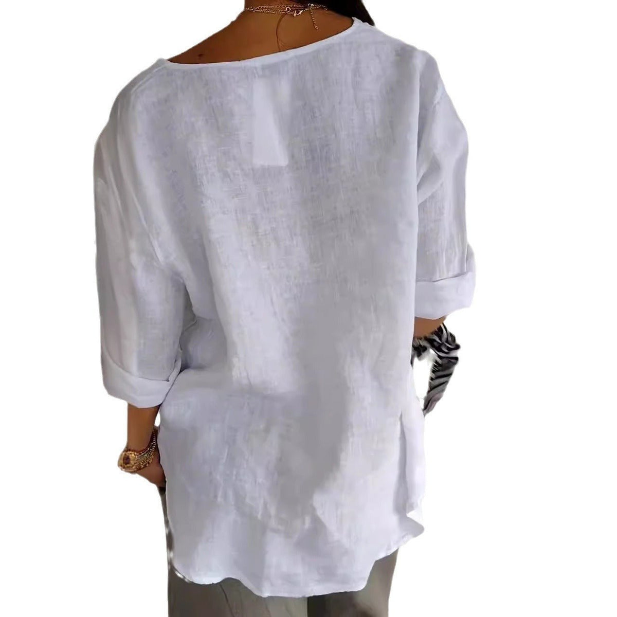 V-neck Long-sleeved T-shirt Fashion Loose Cotton And Linen Button Tops For Women - SEEMS Lifestyle