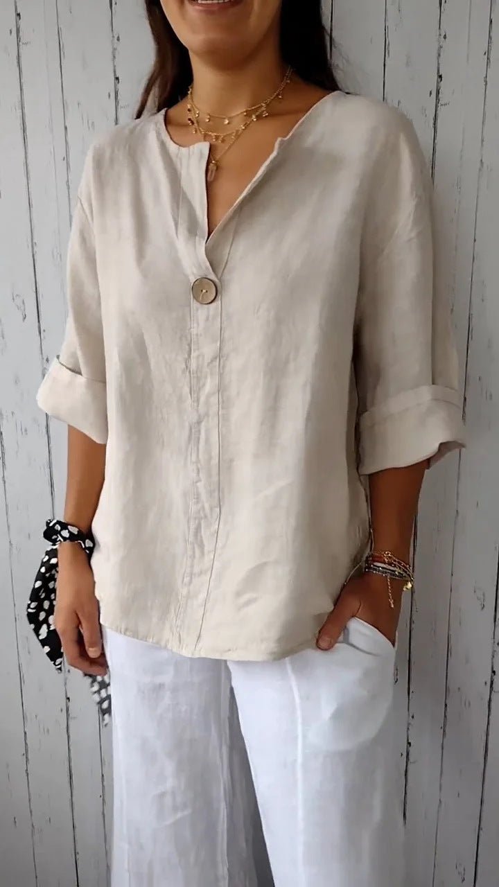 V-neck Long-sleeved T-shirt Fashion Loose Cotton And Linen Button Tops For Women - SEEMS Lifestyle