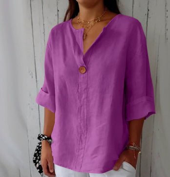 V-neck Long-sleeved T-shirt Fashion Loose Cotton And Linen Button Tops For Women - SEEMS Lifestyle