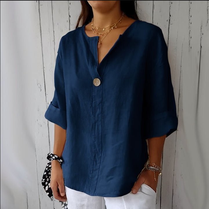 V-neck Long-sleeved T-shirt Fashion Loose Cotton And Linen Button Tops For Women - SEEMS Lifestyle