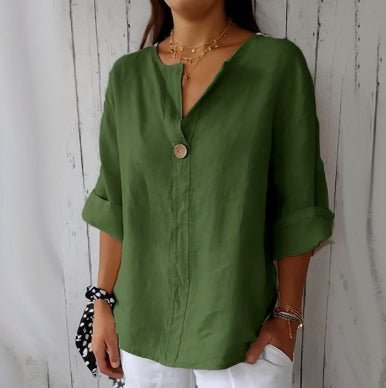 V-neck Long-sleeved T-shirt Fashion Loose Cotton And Linen Button Tops For Women - SEEMS Lifestyle