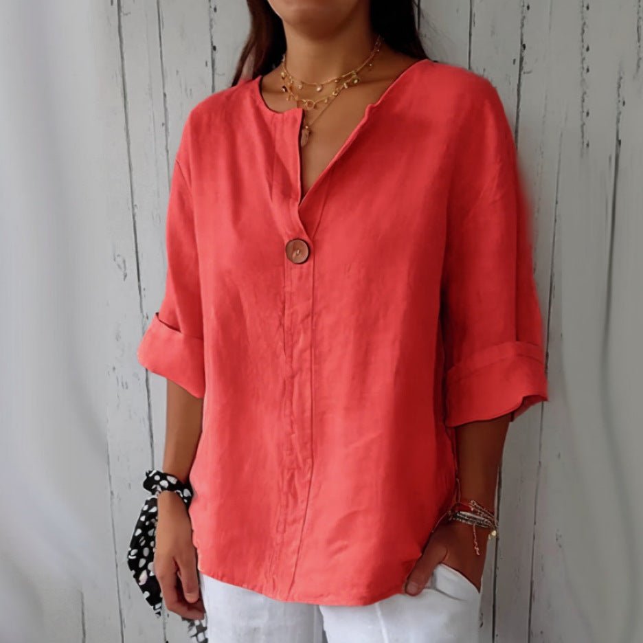 V-neck Long-sleeved T-shirt Fashion Loose Cotton And Linen Button Tops For Women - SEEMS Lifestyle
