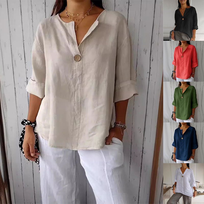 V-neck Long-sleeved T-shirt Fashion Loose Cotton And Linen Button Tops For Women - SEEMS Lifestyle