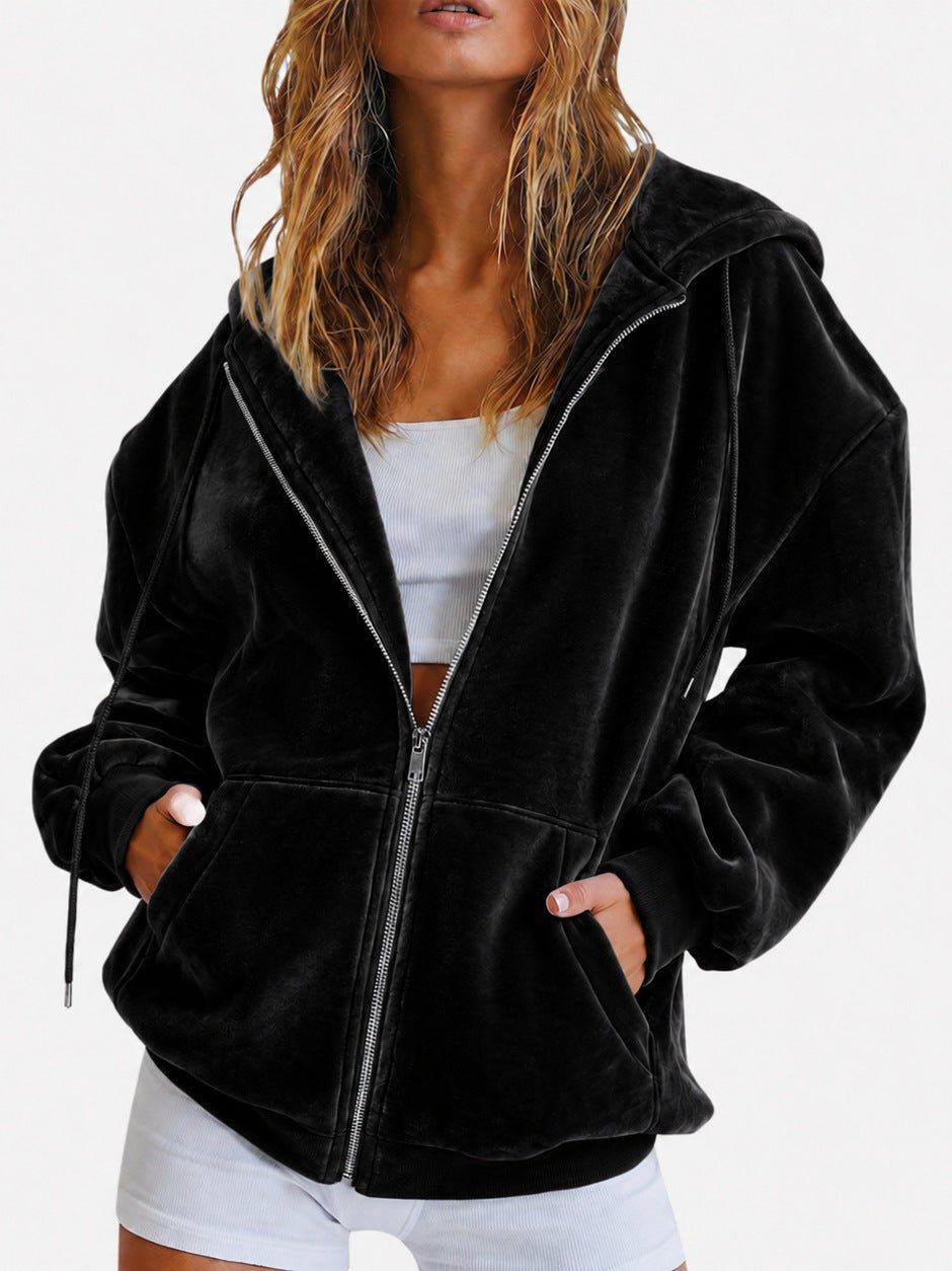 Velvet Hooded Sweatshirt Autumn And Winter Loose Zipper Cardigan Casual Top - SEEMS Lifestyle