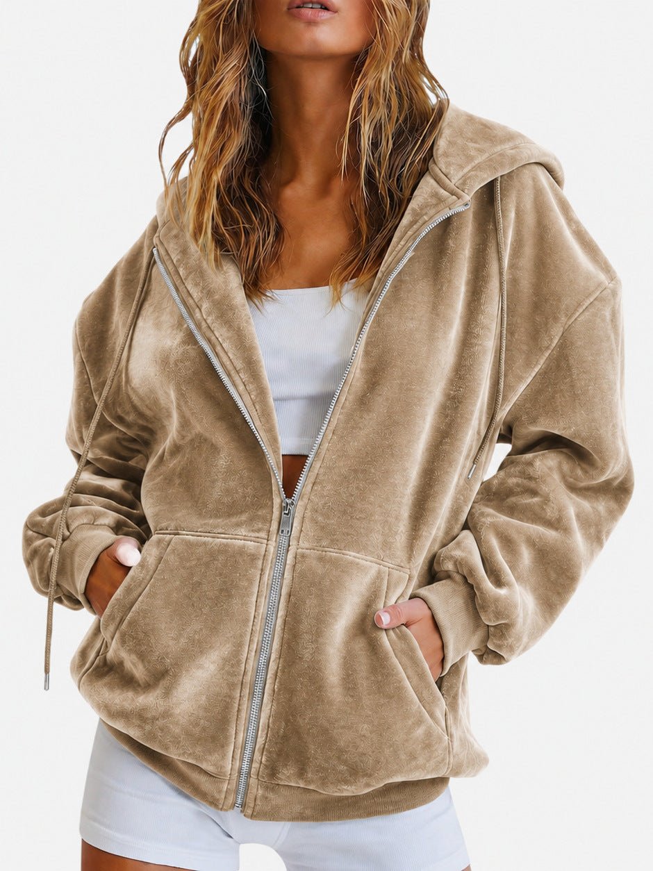 Velvet Hooded Sweatshirt Autumn And Winter Loose Zipper Cardigan Casual Top - SEEMS Lifestyle