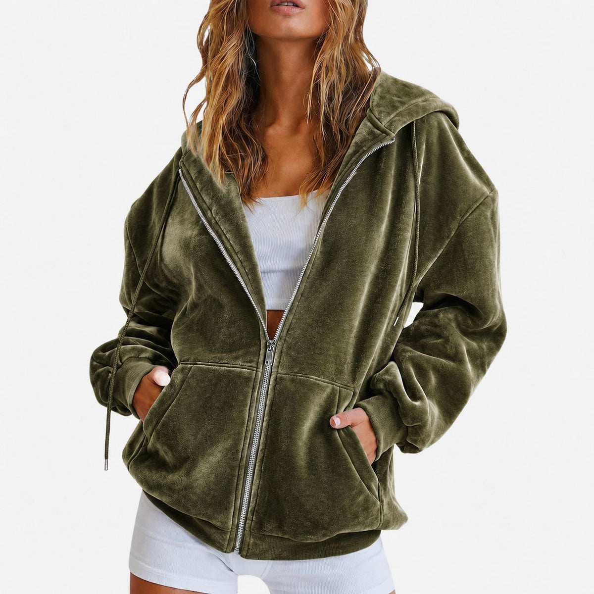 Velvet Hooded Sweatshirt Autumn And Winter Loose Zipper Cardigan Casual Top - SEEMS Lifestyle