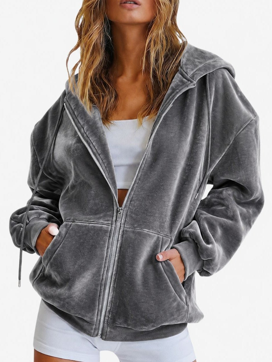 Velvet Hooded Sweatshirt Autumn And Winter Loose Zipper Cardigan Casual Top - SEEMS Lifestyle