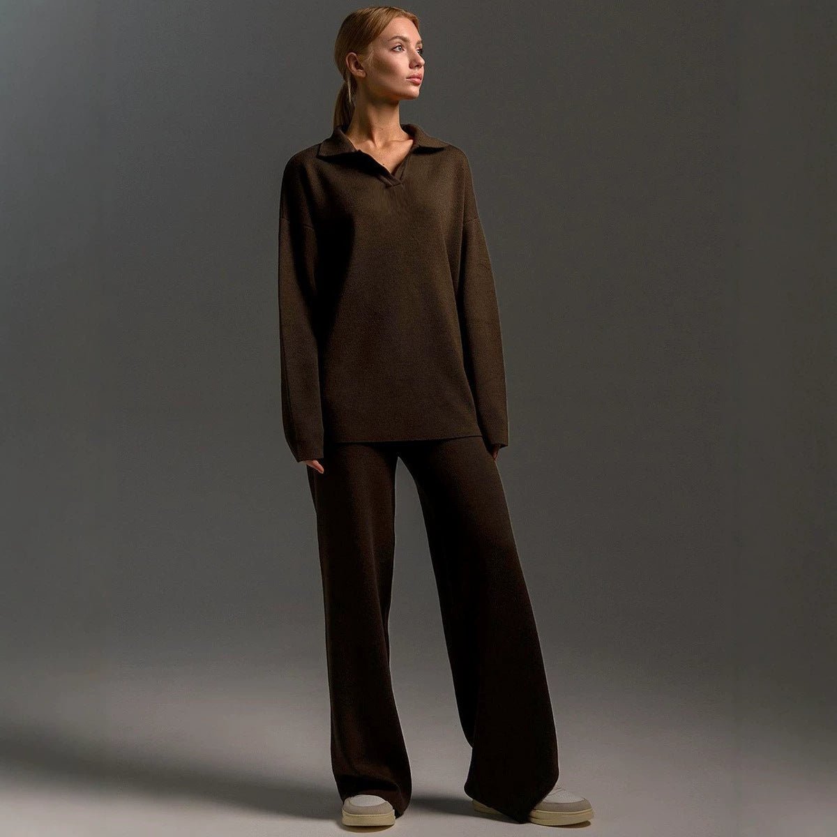 Winter Suit With Polo Neck And Wide Leg Pants Two Piece Set For Women - SEEMS Lifestyle