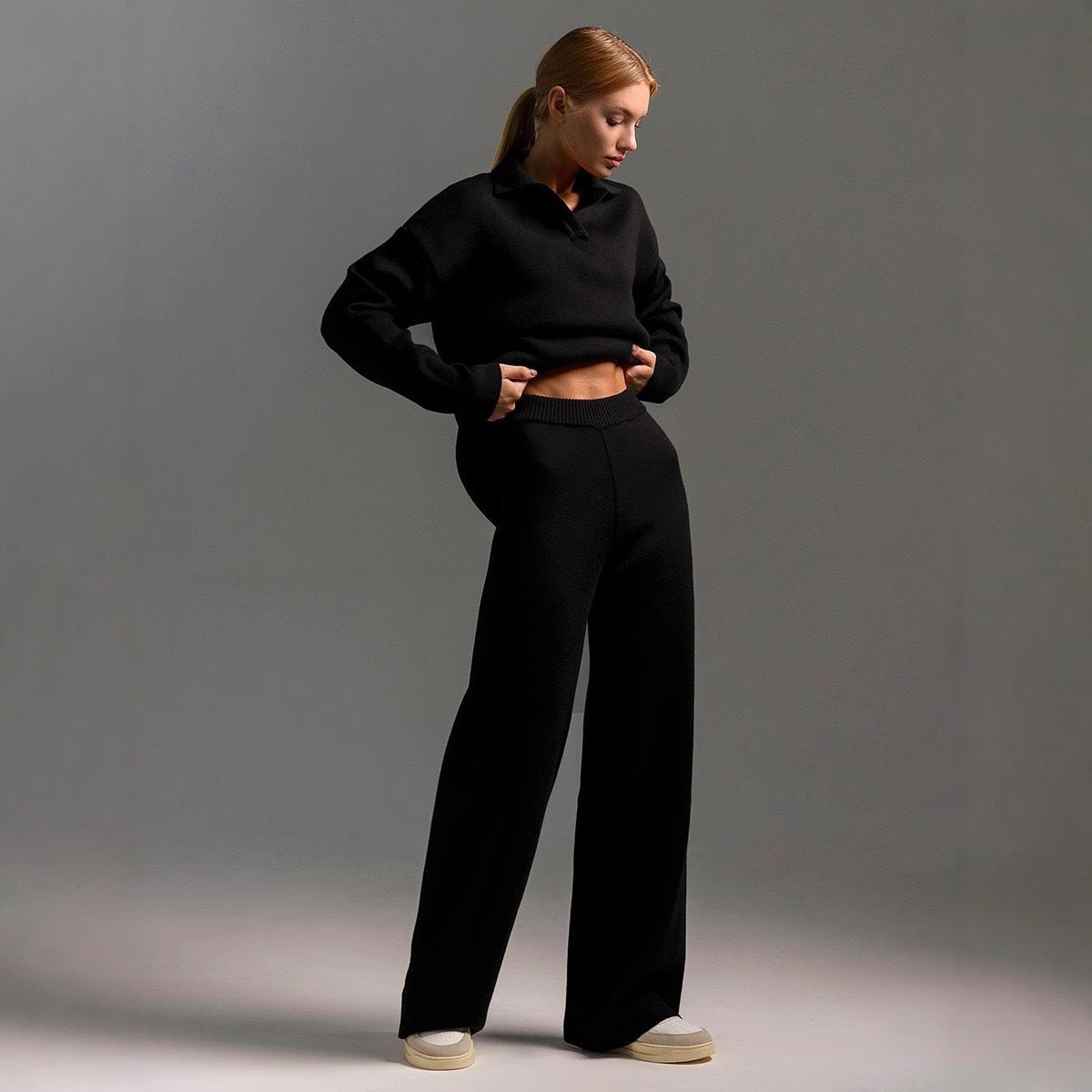 Winter Suit With Polo Neck And Wide Leg Pants Two Piece Set For Women - SEEMS Lifestyle