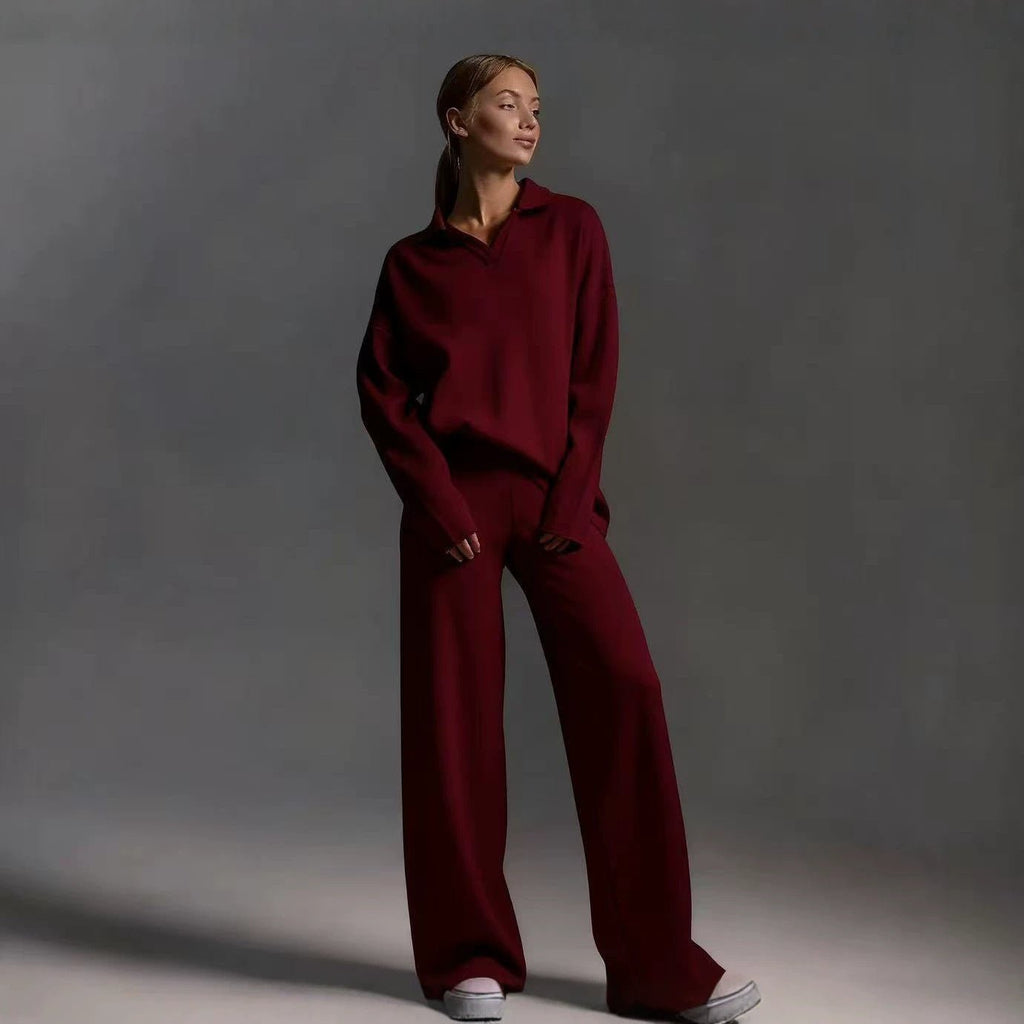 Winter Suit With Polo Neck And Wide Leg Pants Two Piece Set For Women - SEEMS Lifestyle