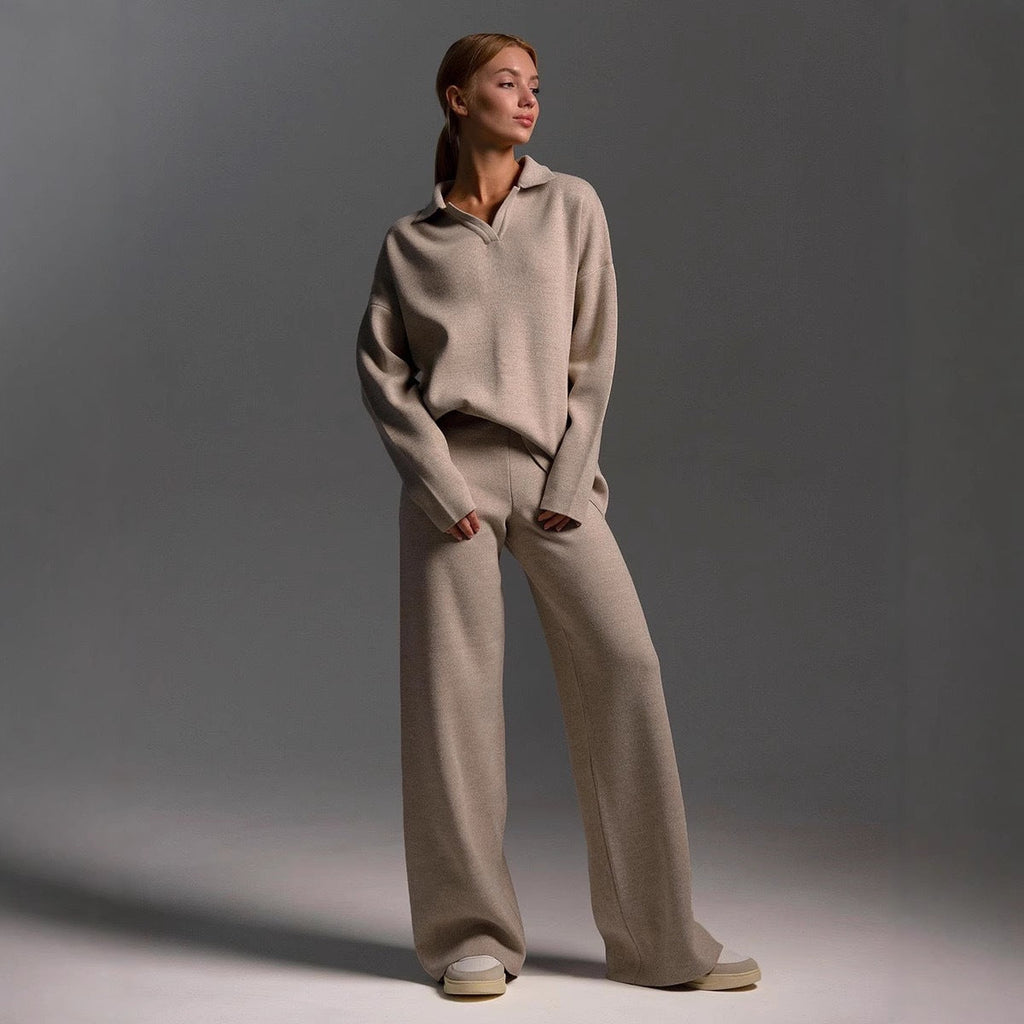 Winter Suit With Polo Neck And Wide Leg Pants Two Piece Set For Women - SEEMS Lifestyle