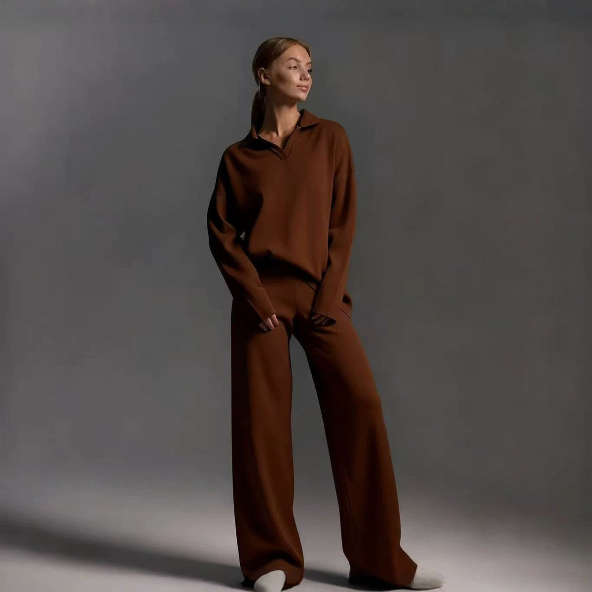 Winter Suit With Polo Neck And Wide Leg Pants Two Piece Set For Women - SEEMS Lifestyle